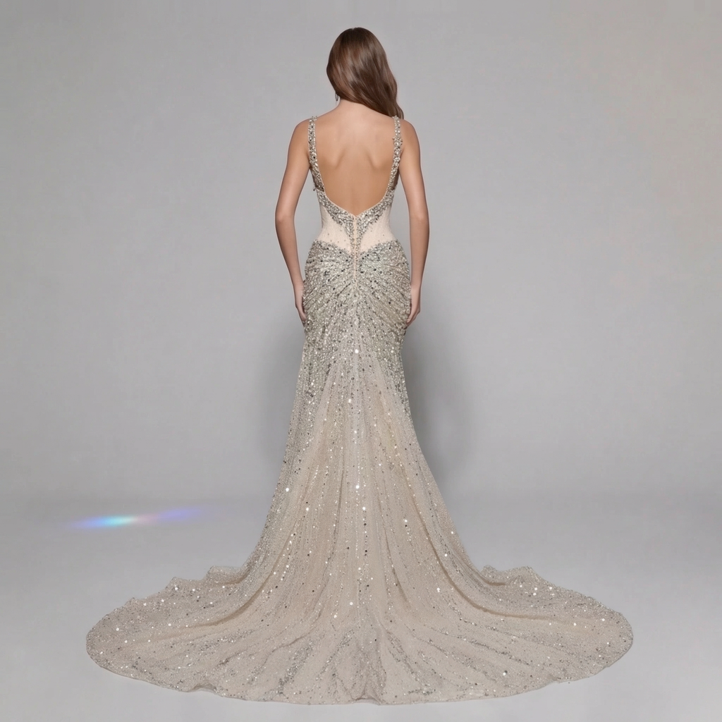 Champagne Gold Crystal Embellished Strapless Mermaid Gown with Architectural Peplum