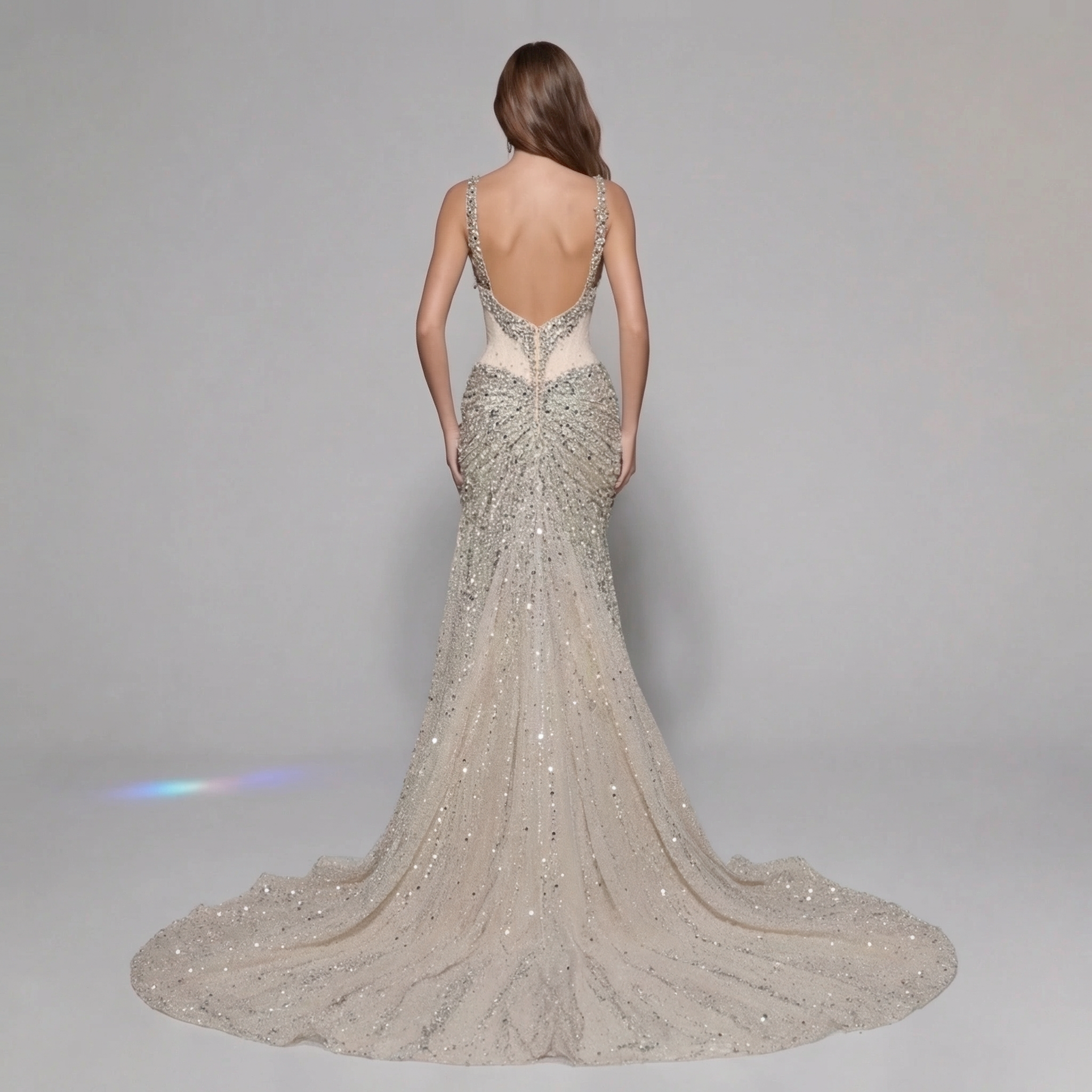 Champagne Gold Crystal Embellished Strapless Mermaid Gown with Architectural Peplum