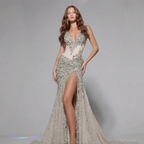 Champagne Gold Crystal Embellished Strapless Mermaid Gown with Architectural Peplum