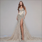 Champagne Gold Crystal Embellished Strapless Mermaid Gown with Architectural Peplum