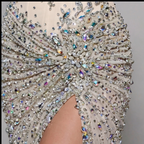 Champagne Gold Crystal Embellished Strapless Mermaid Gown with Architectural Peplum