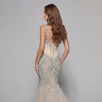 Champagne Gold Crystal Embellished Strapless Mermaid Gown with Architectural Peplum