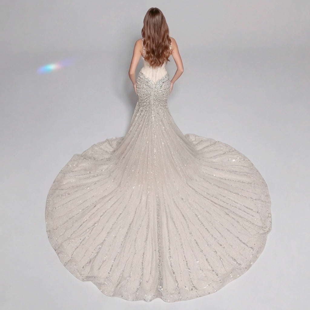 Champagne Gold Crystal Embellished Strapless Mermaid Gown with Architectural Peplum