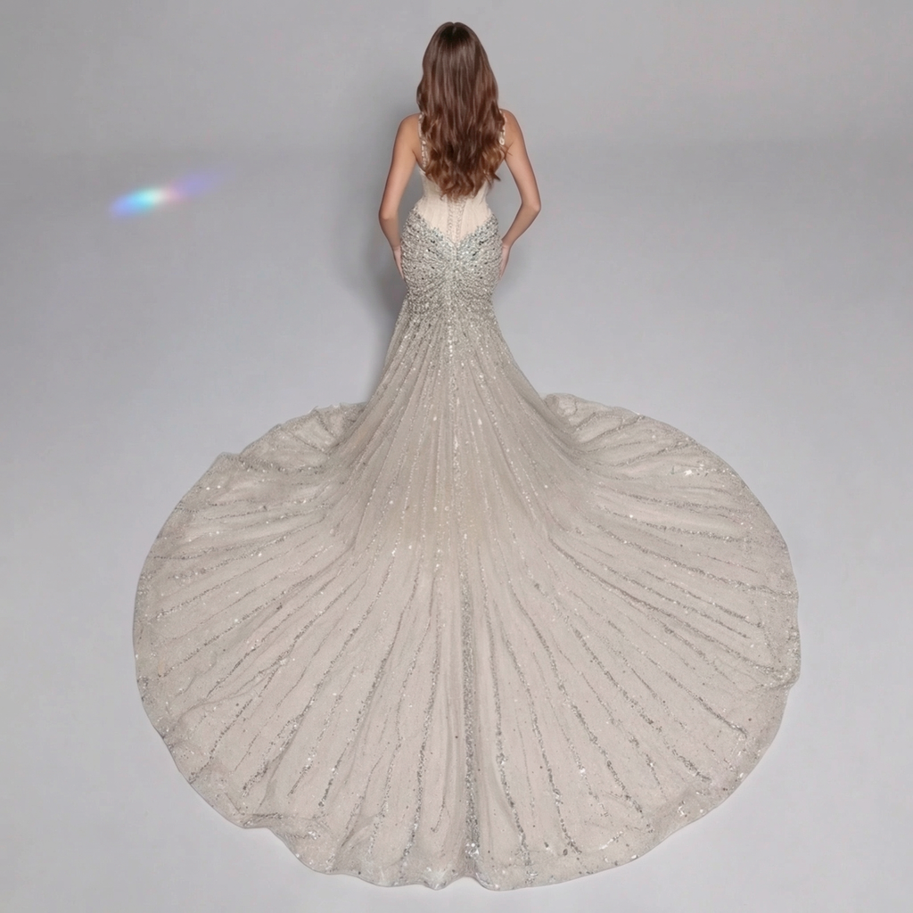 Champagne Gold Crystal Embellished Strapless Mermaid Gown with Architectural Peplum