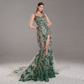 Emerald Green Crystal Embellished Architectural Peplum Strapless Mermaid Gown with Train
