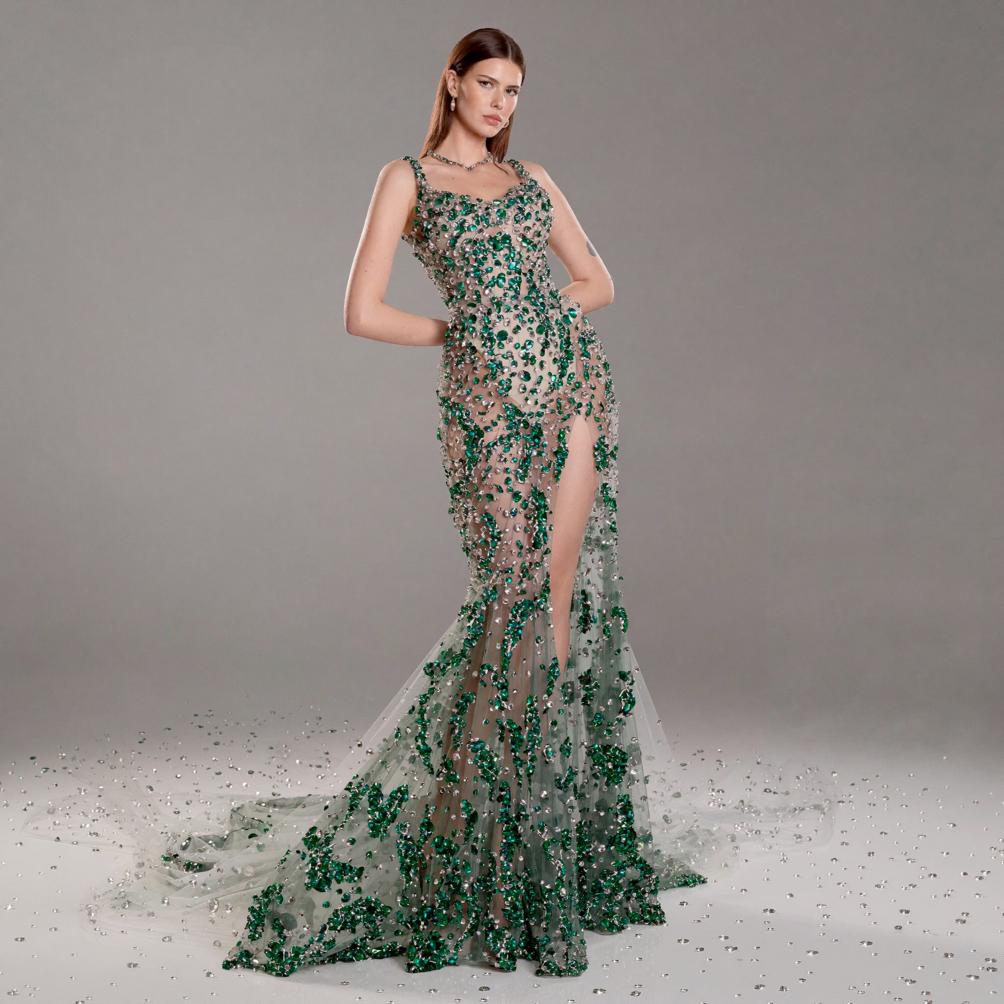 Emerald Green Crystal Embellished Architectural Peplum Strapless Mermaid Gown with Train