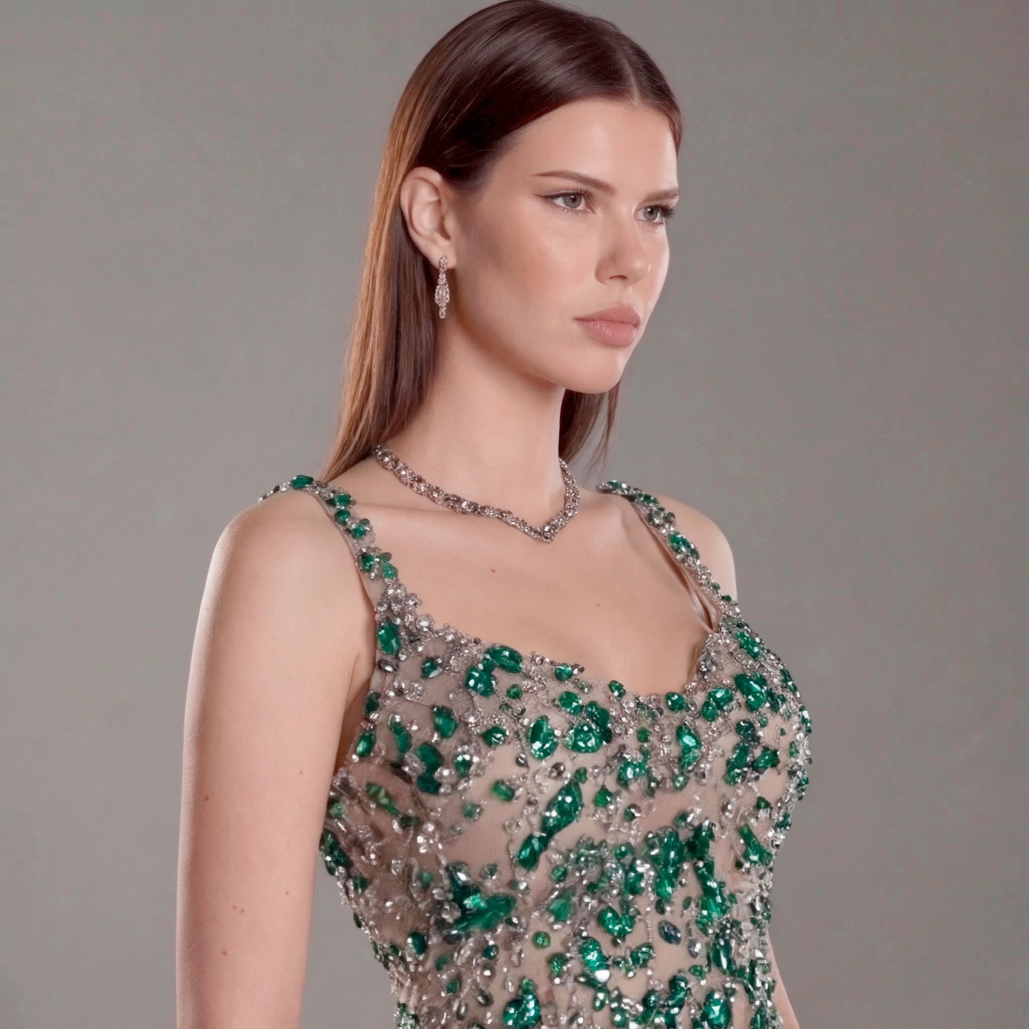 Emerald Green Crystal Embellished Architectural Peplum Strapless Mermaid Gown with Train