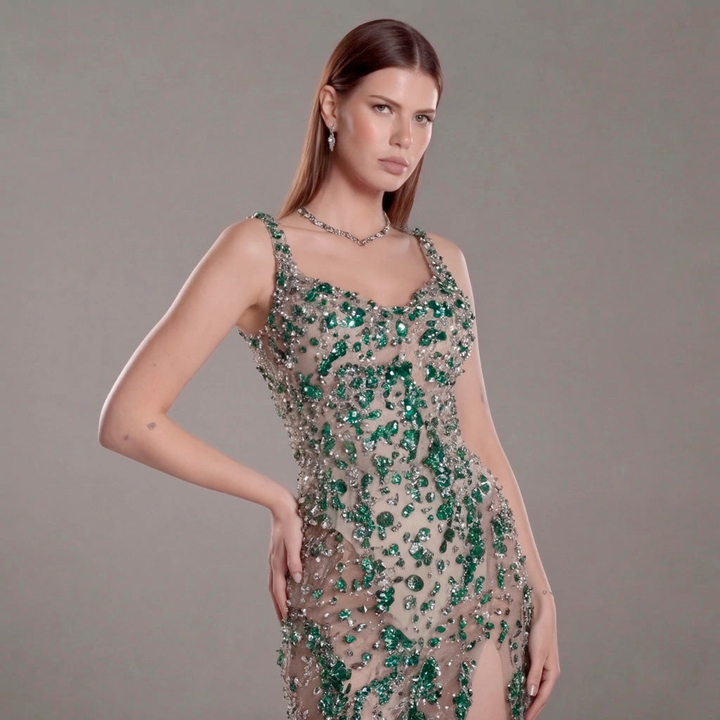 Emerald Green Crystal Embellished Architectural Peplum Strapless Mermaid Gown with Train
