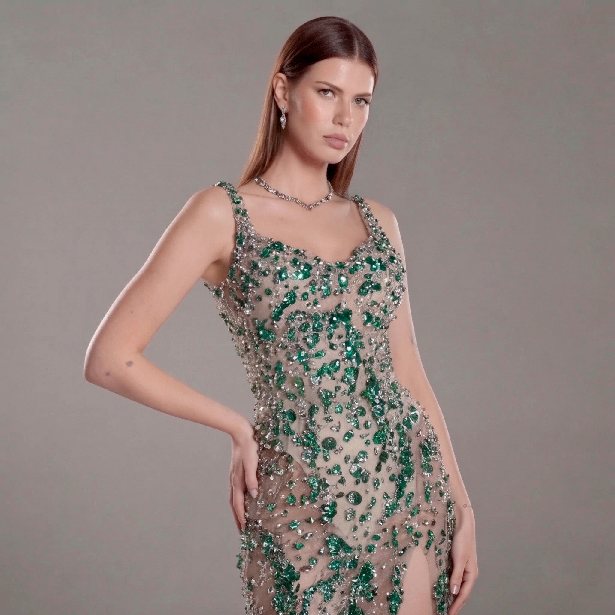 Emerald Green Crystal Embellished Architectural Peplum Strapless Mermaid Gown with Train