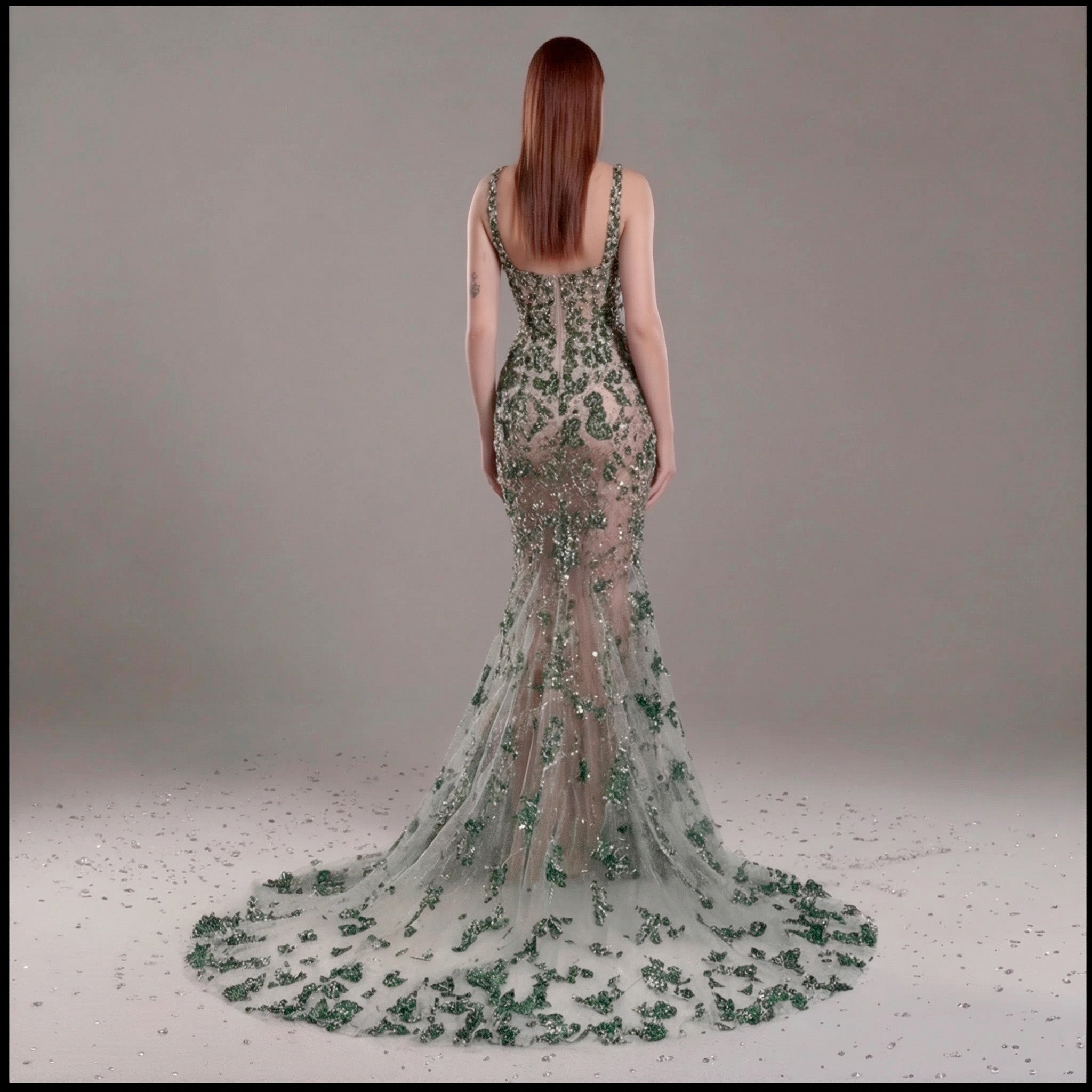Emerald Green Crystal Embellished Architectural Peplum Strapless Mermaid Gown with Train