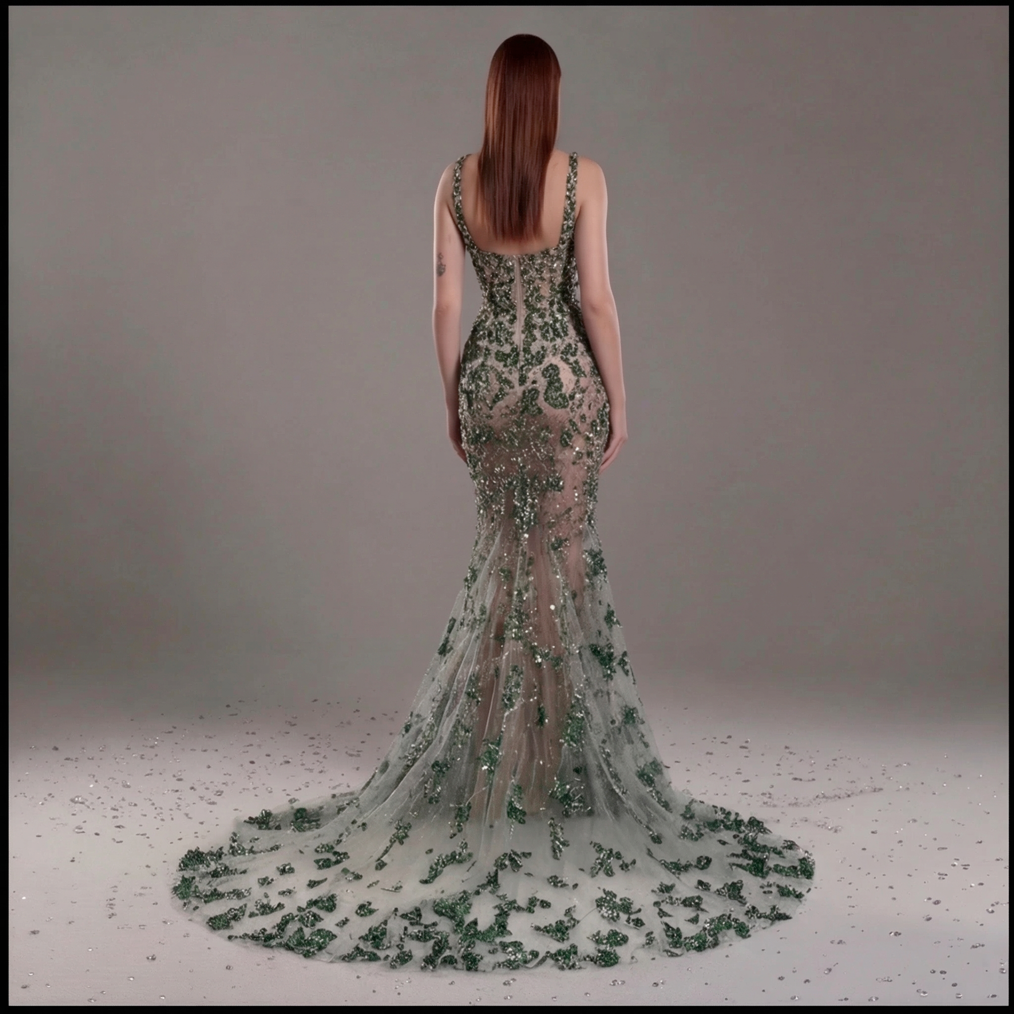 Emerald Green Crystal Embellished Architectural Peplum Strapless Mermaid Gown with Train