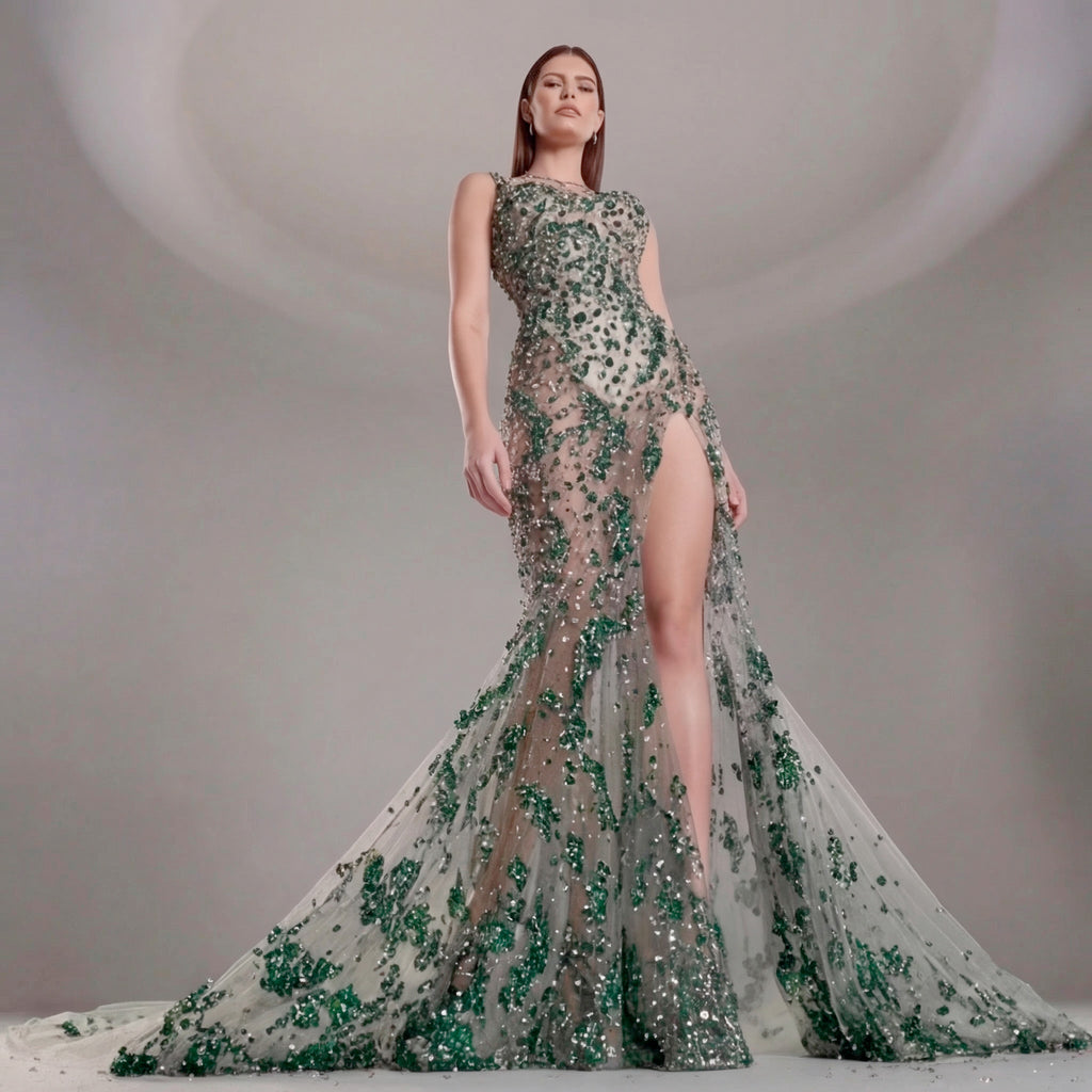 Emerald Green Crystal Embellished Architectural Peplum Strapless Mermaid Gown with Train