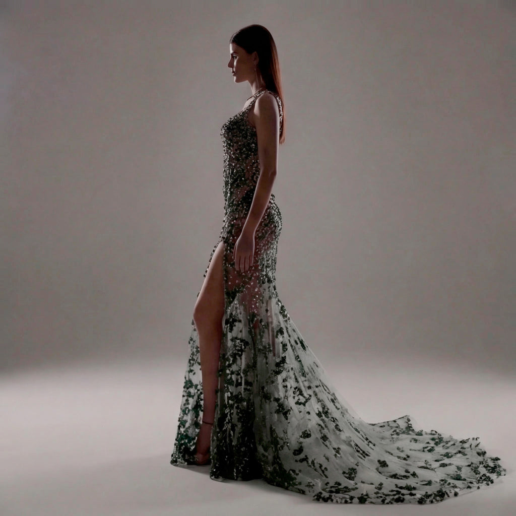 Emerald Green Crystal Embellished Architectural Peplum Strapless Mermaid Gown with Train