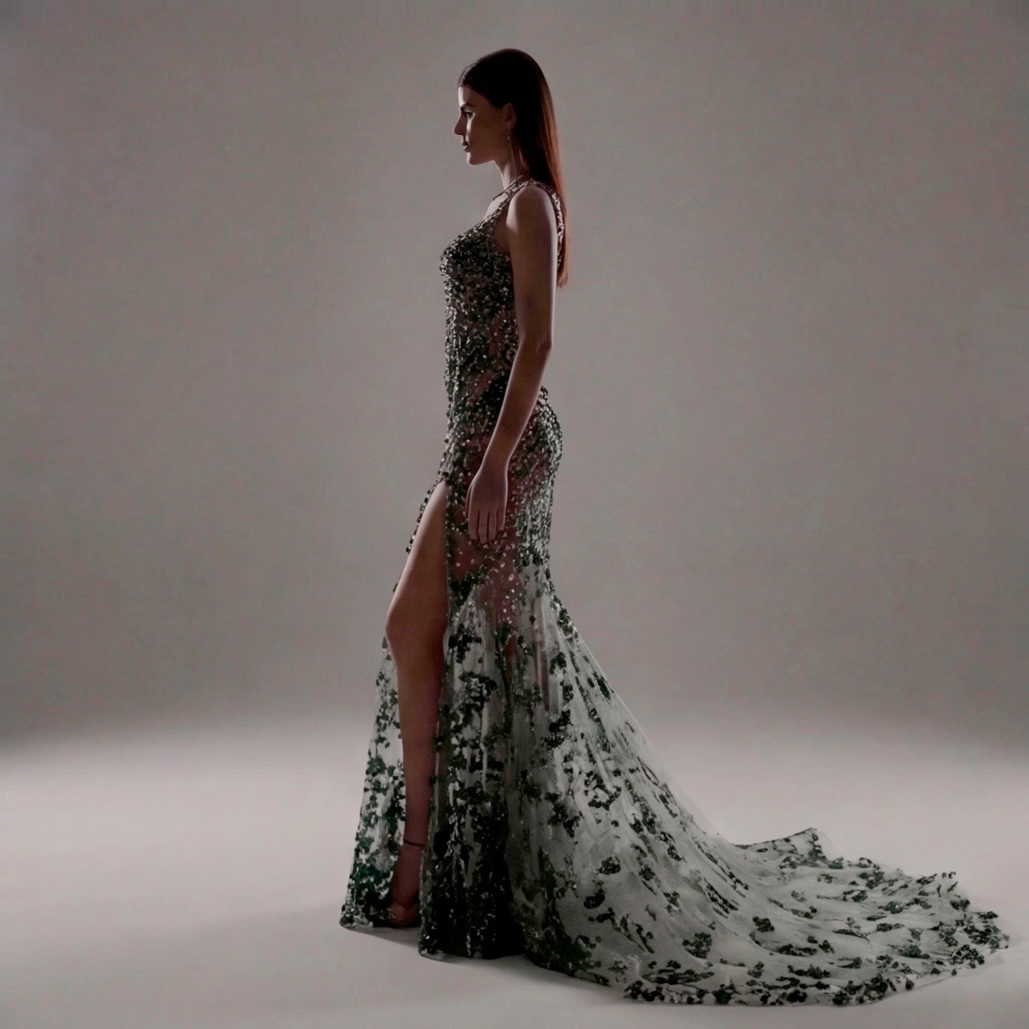Emerald Green Crystal Embellished Architectural Peplum Strapless Mermaid Gown with Train