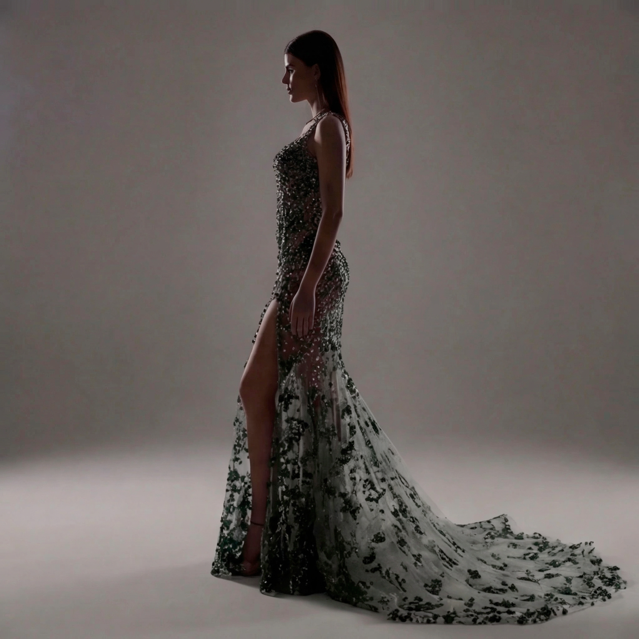 Emerald Green Crystal Embellished Architectural Peplum Strapless Mermaid Gown with Train