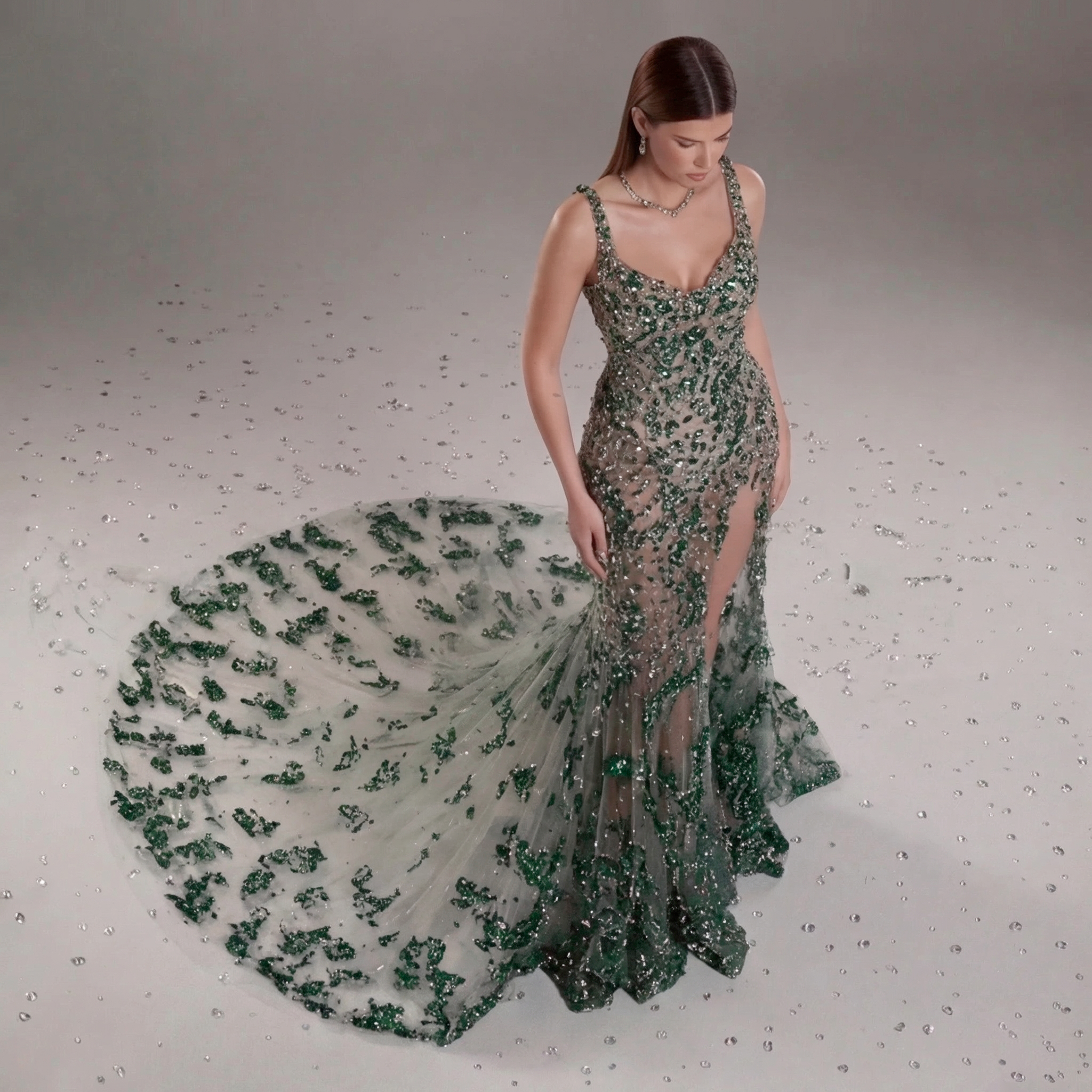 Emerald Green Crystal Embellished Architectural Peplum Strapless Mermaid Gown with Train