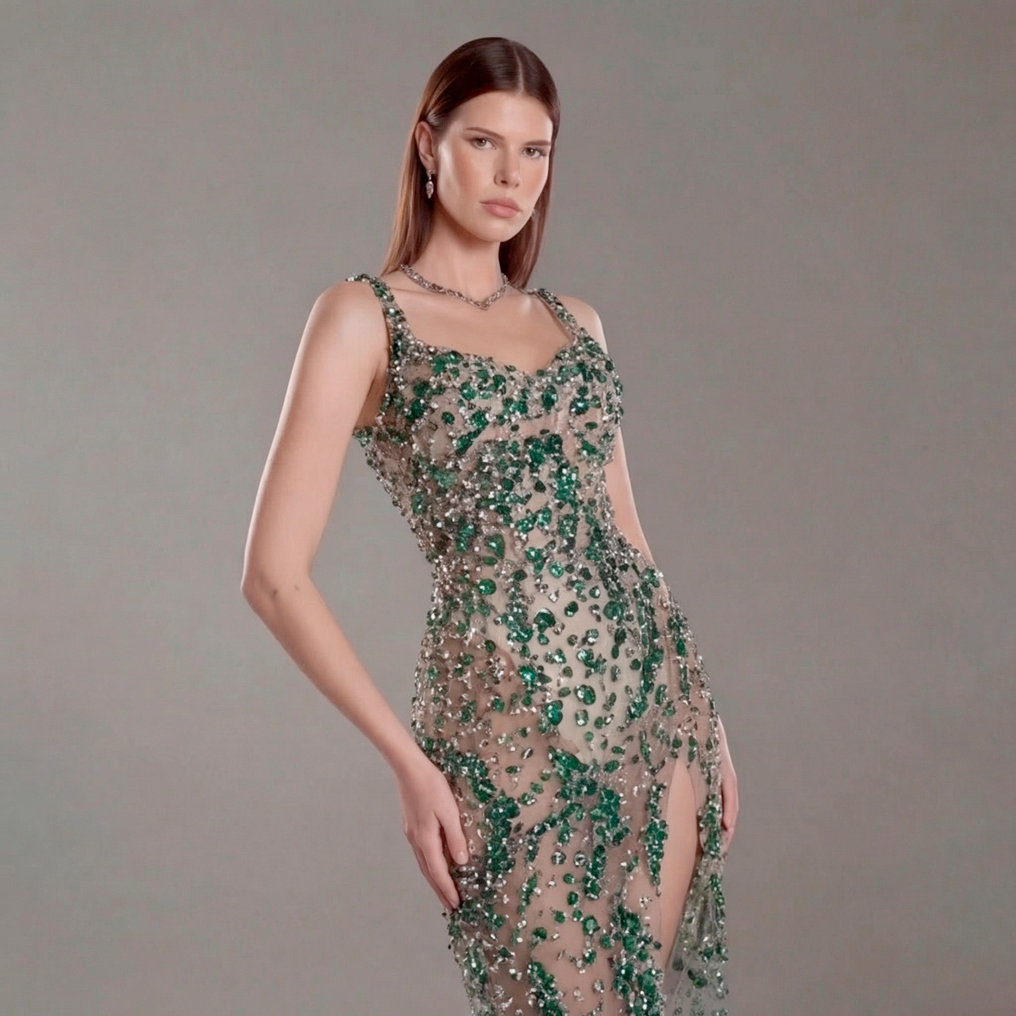 Emerald Green Crystal Embellished Architectural Peplum Strapless Mermaid Gown with Train