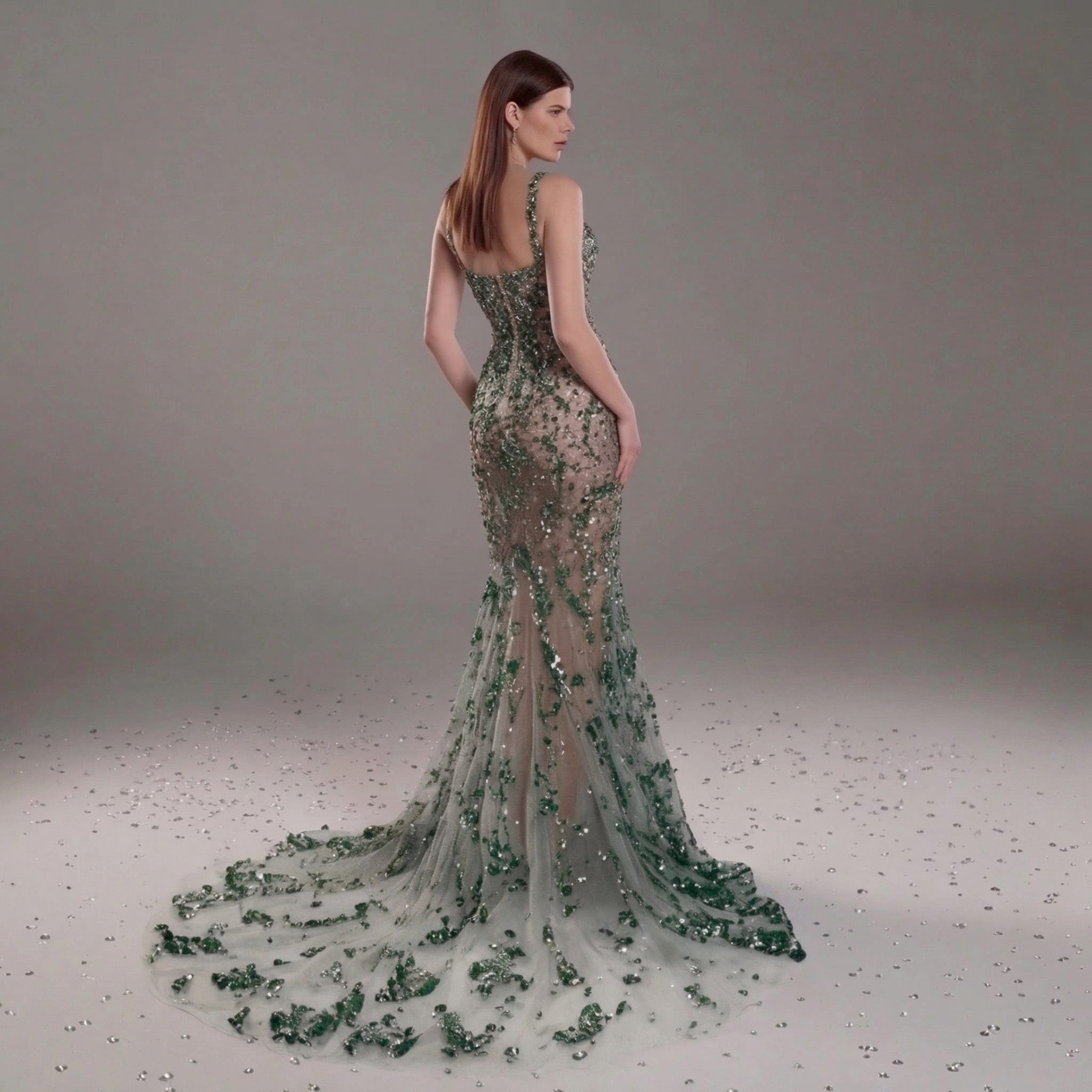 Emerald Green Crystal Embellished Architectural Peplum Strapless Mermaid Gown with Train