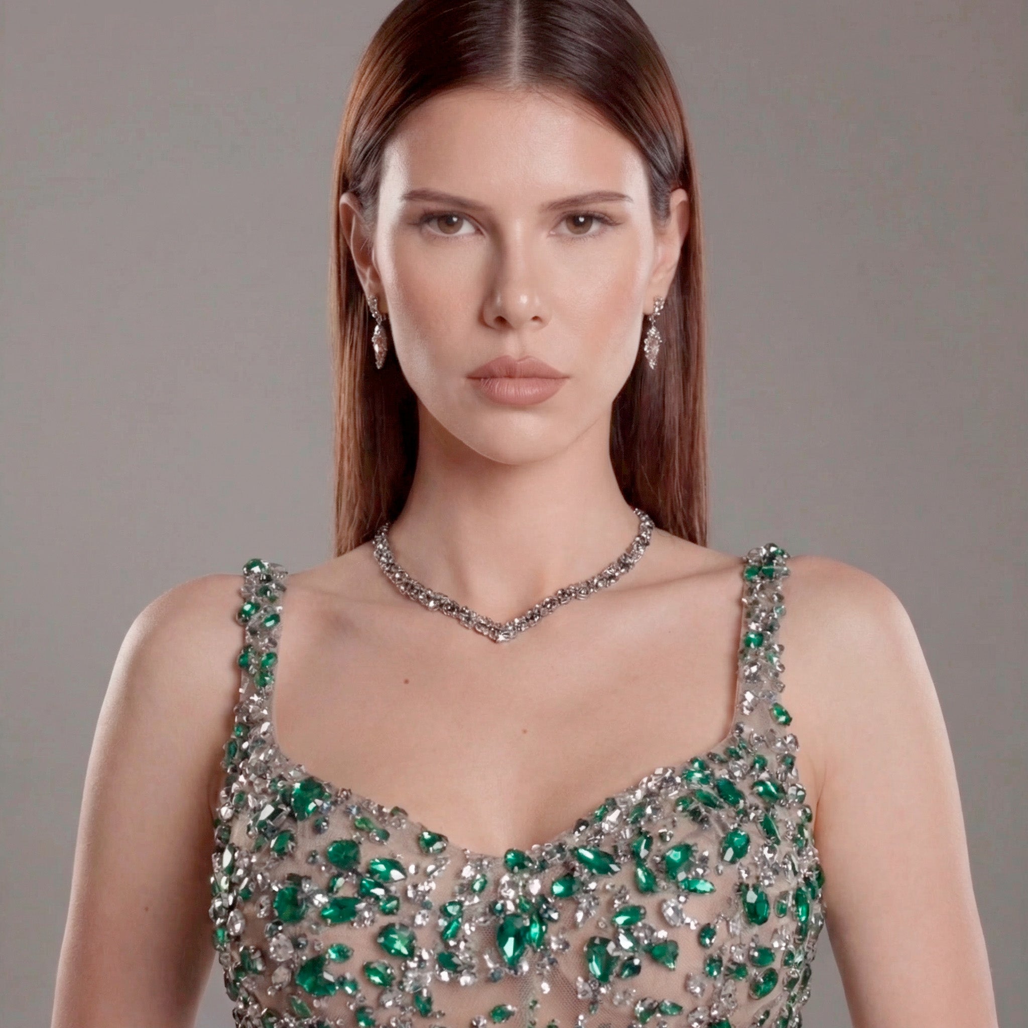 Emerald Green Crystal Embellished Architectural Peplum Strapless Mermaid Gown with Train