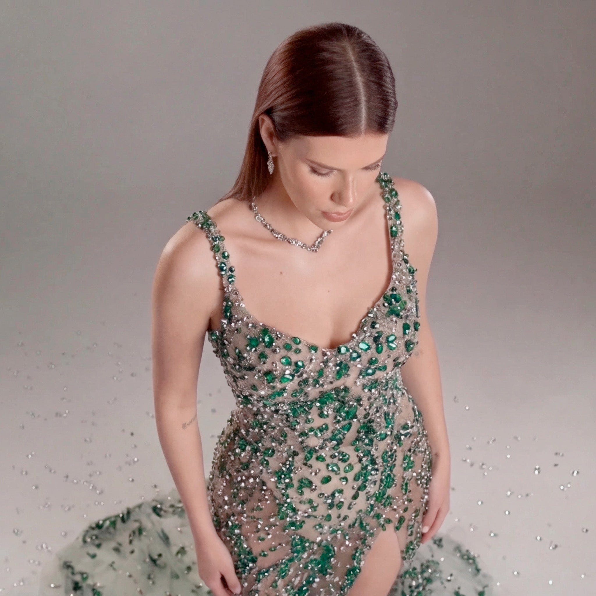 Emerald Green Crystal Embellished Architectural Peplum Strapless Mermaid Gown with Train