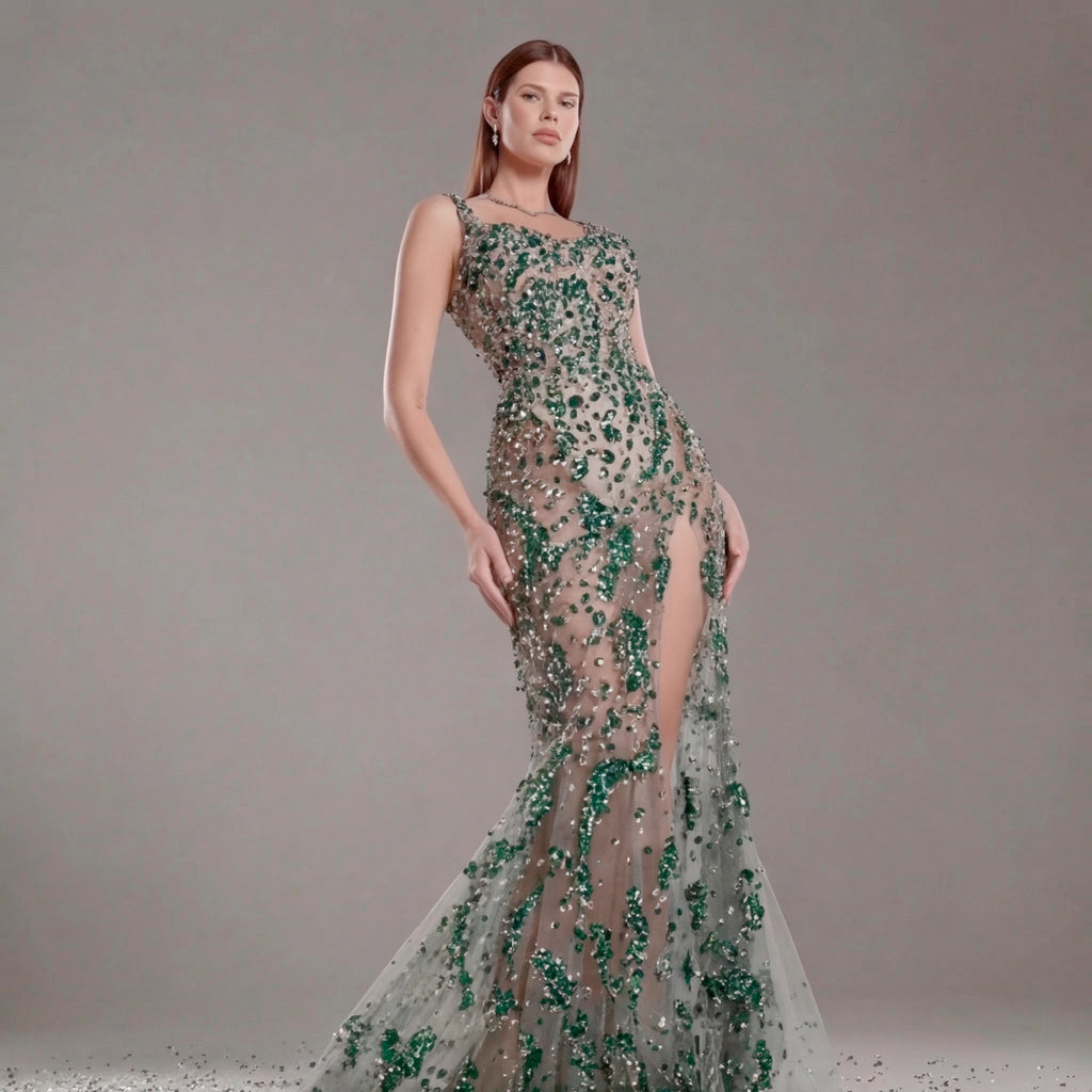 Emerald Green Crystal Embellished Architectural Peplum Strapless Mermaid Gown with Train