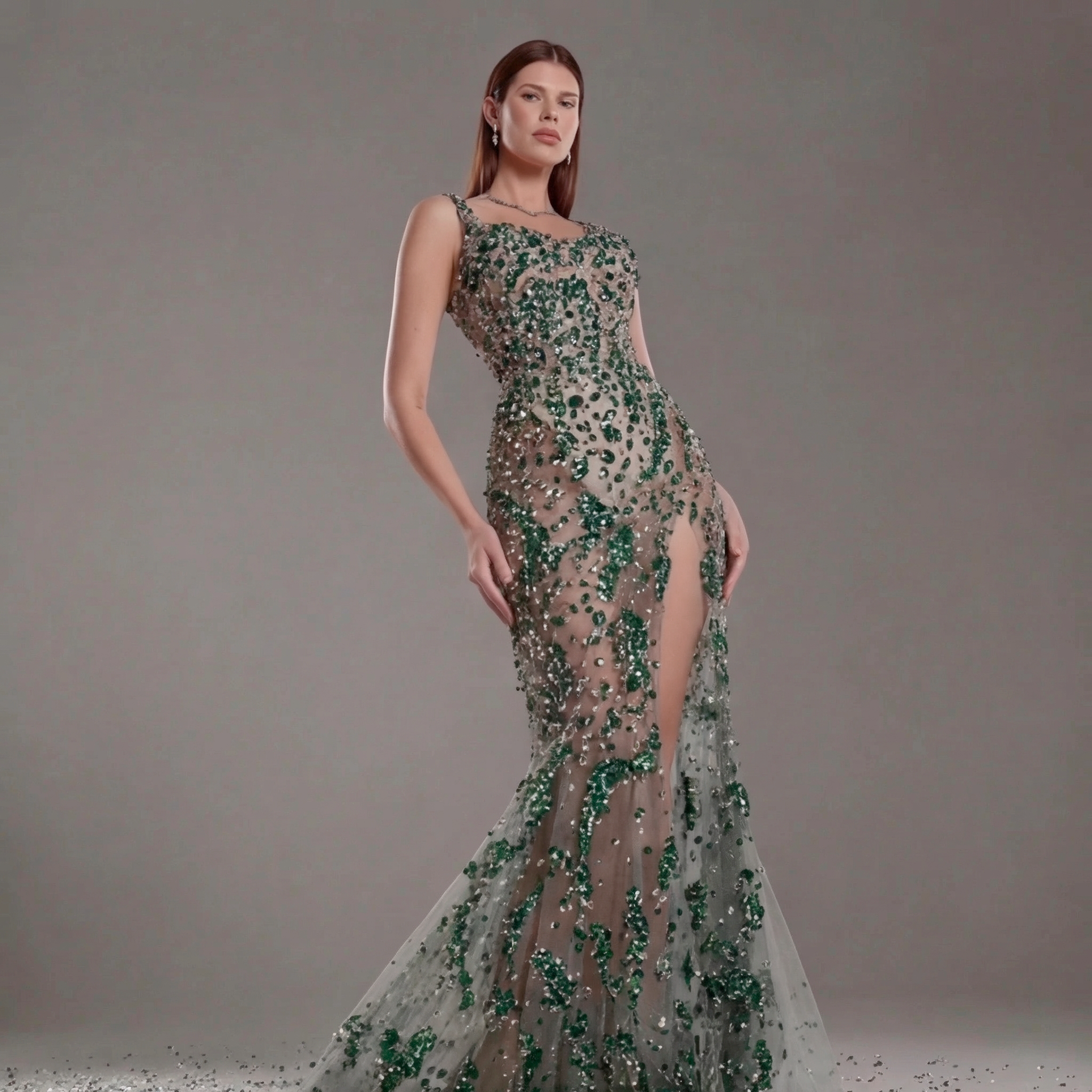 Emerald Green Crystal Embellished Architectural Peplum Strapless Mermaid Gown with Train