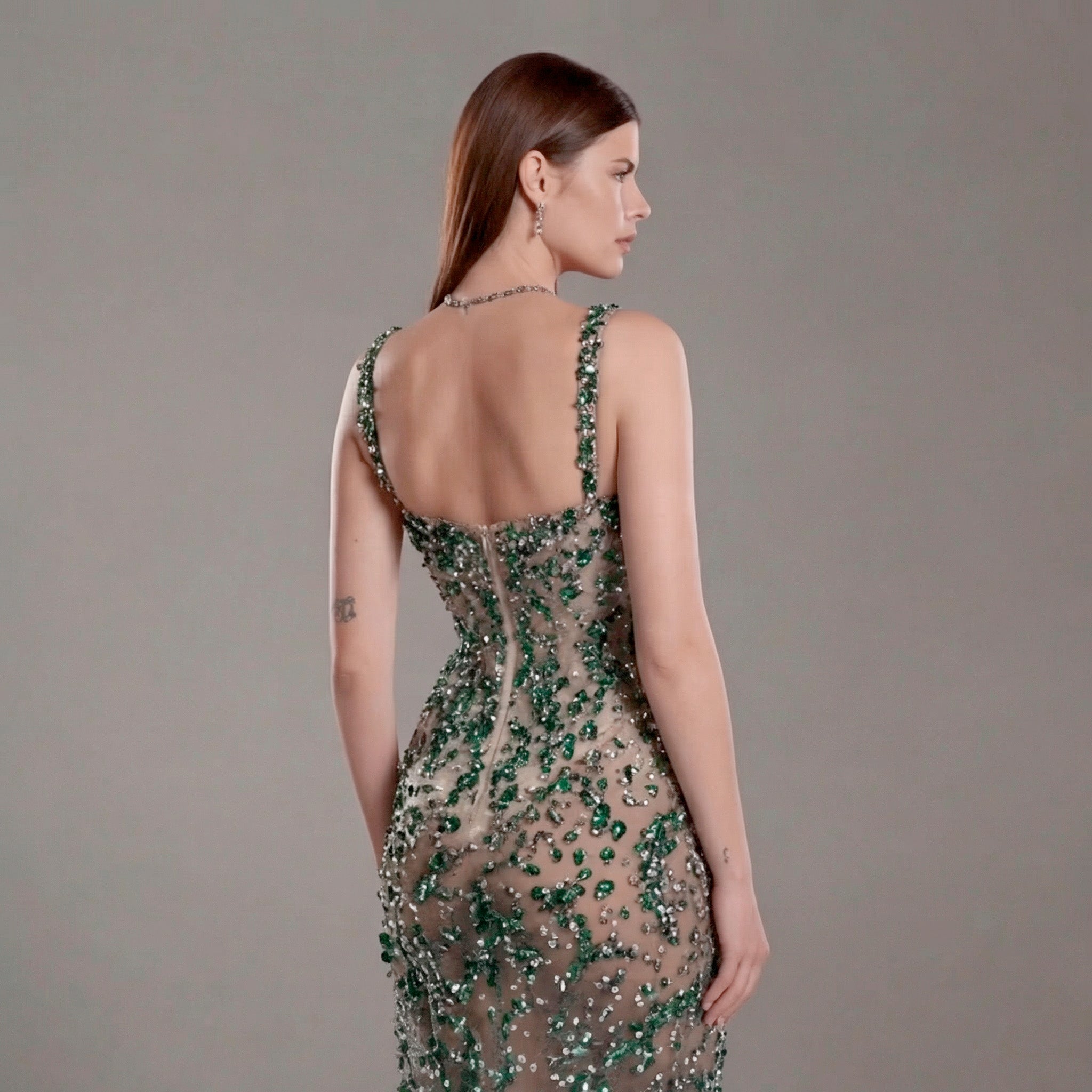 Emerald Green Crystal Embellished Architectural Peplum Strapless Mermaid Gown with Train