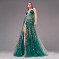 Emerald Green Crystal Embellished Deep V-Neck Mermaid Gown with Architectural Waist Detail and High Slit