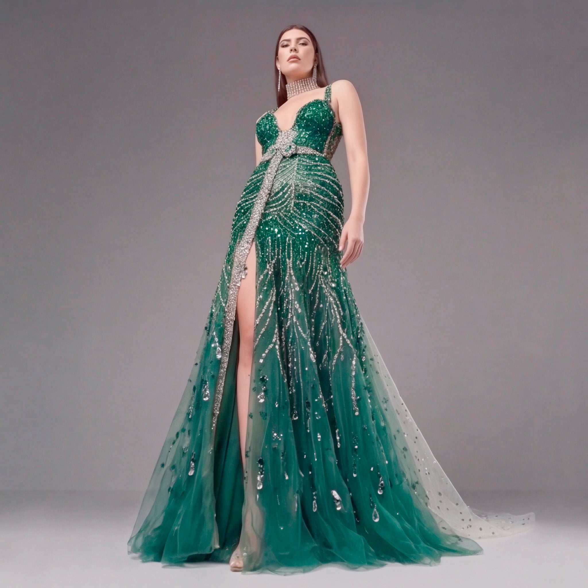 Emerald Green Crystal Embellished Deep V-Neck Mermaid Gown with Architectural Waist Detail and High Slit