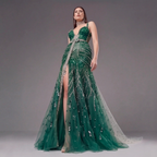 Emerald Green Crystal Embellished Deep V-Neck Mermaid Gown with Architectural Waist Detail and High Slit