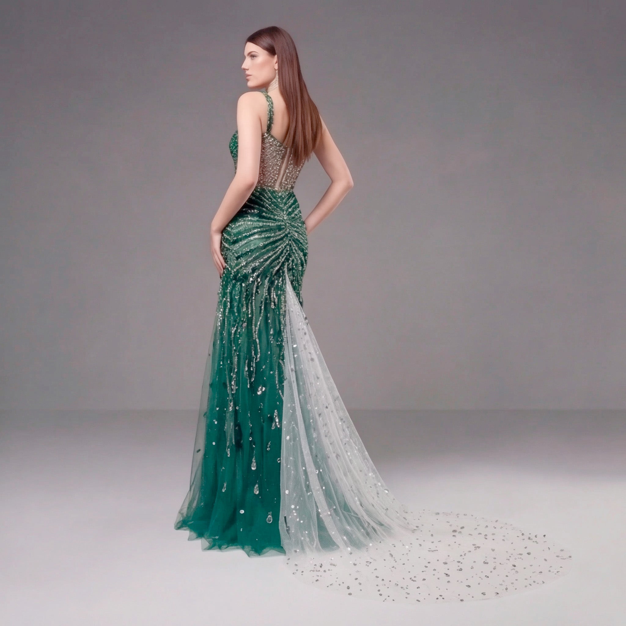 Emerald Green Crystal Embellished Deep V-Neck Mermaid Gown with Architectural Waist Detail and High Slit