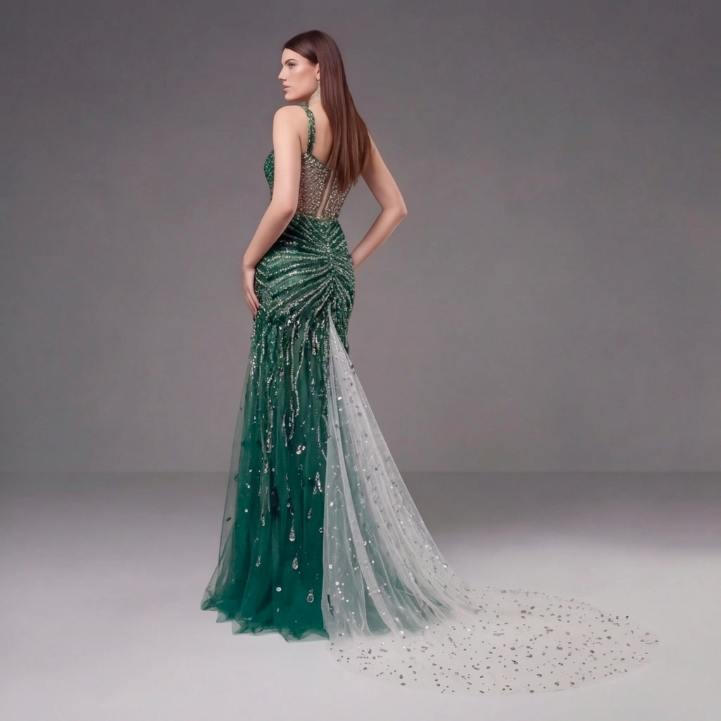 Emerald Green Crystal Embellished Deep V-Neck Mermaid Gown with Architectural Waist Detail and High Slit