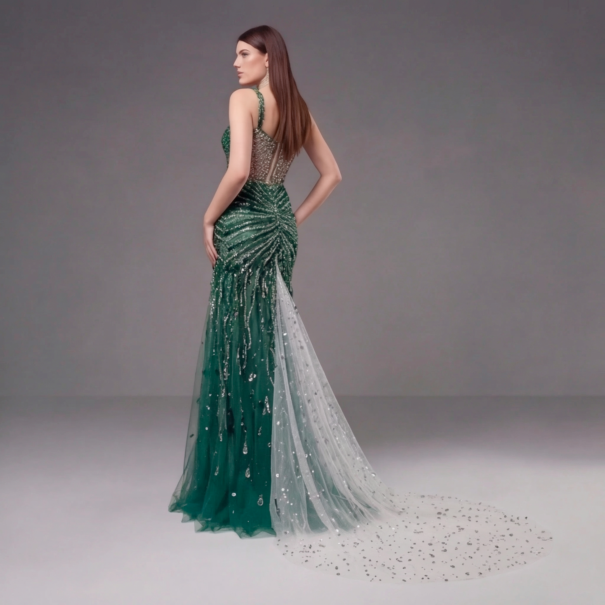 Emerald Green Crystal Embellished Deep V-Neck Mermaid Gown with Architectural Waist Detail and High Slit
