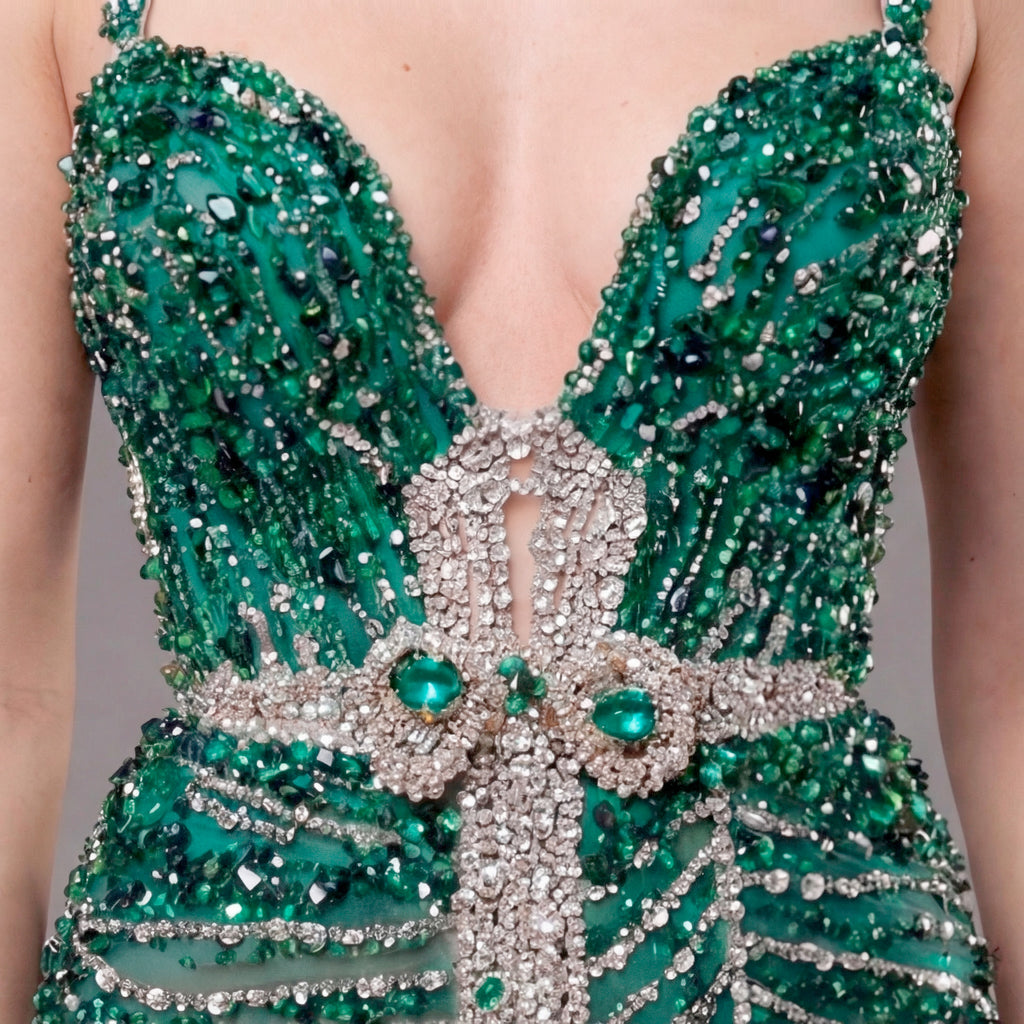 Emerald Green Crystal Embellished Deep V-Neck Mermaid Gown with Architectural Waist Detail and High Slit