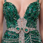 Emerald Green Crystal Embellished Deep V-Neck Mermaid Gown with Architectural Waist Detail and High Slit