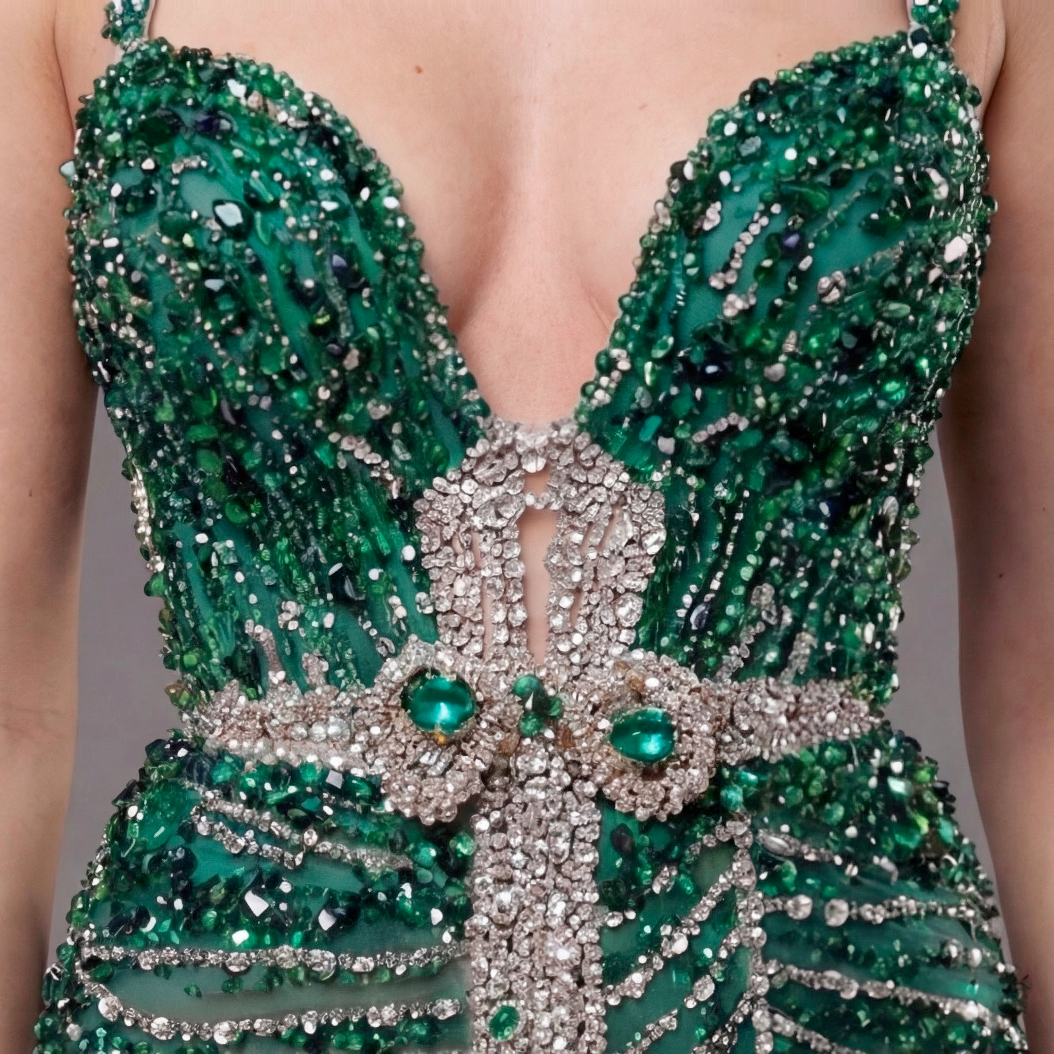 Emerald Green Crystal Embellished Deep V-Neck Mermaid Gown with Architectural Waist Detail and High Slit