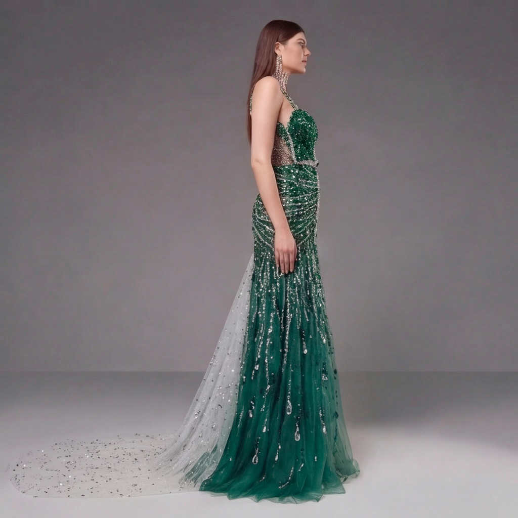 Emerald Green Crystal Embellished Deep V-Neck Mermaid Gown with Architectural Waist Detail and High Slit