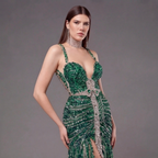 Emerald Green Crystal Embellished Deep V-Neck Mermaid Gown with Architectural Waist Detail and High Slit
