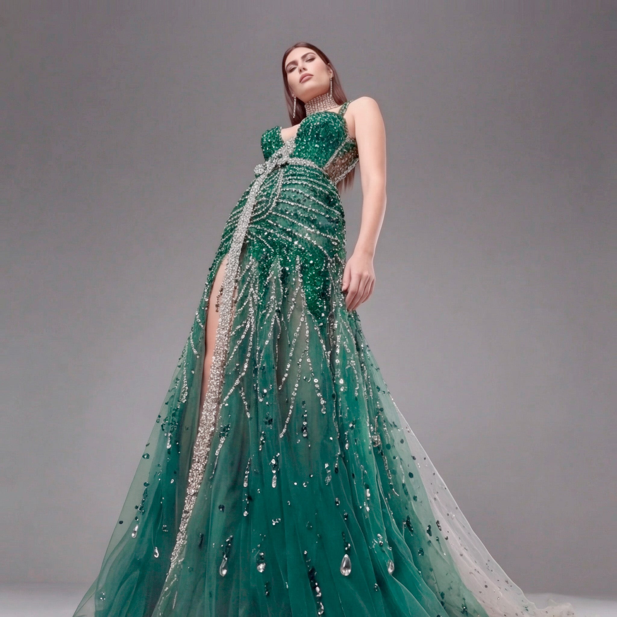 Emerald Green Crystal Embellished Deep V-Neck Mermaid Gown with Architectural Waist Detail and High Slit