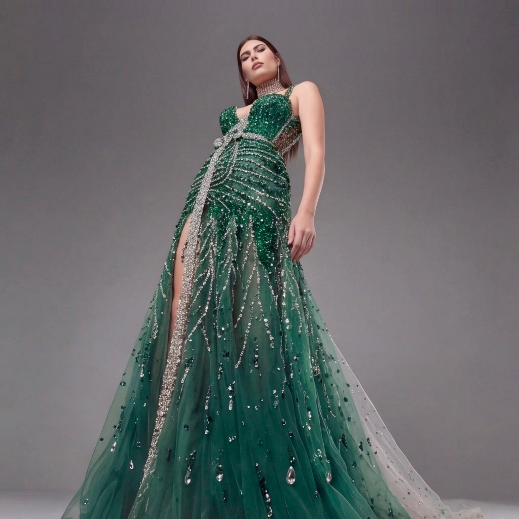 Emerald Green Crystal Embellished Deep V-Neck Mermaid Gown with Architectural Waist Detail and High Slit