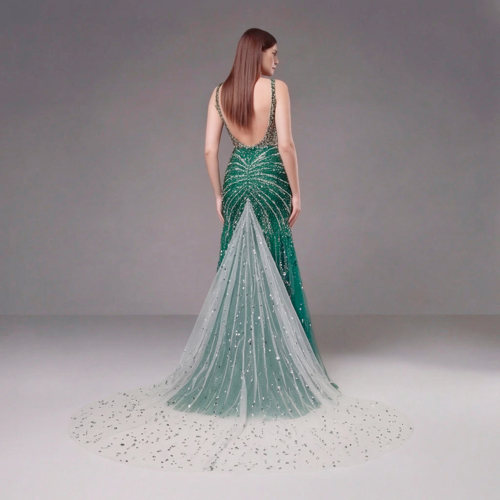 Emerald Green Crystal Embellished Deep V-Neck Mermaid Gown with Architectural Waist Detail and High Slit