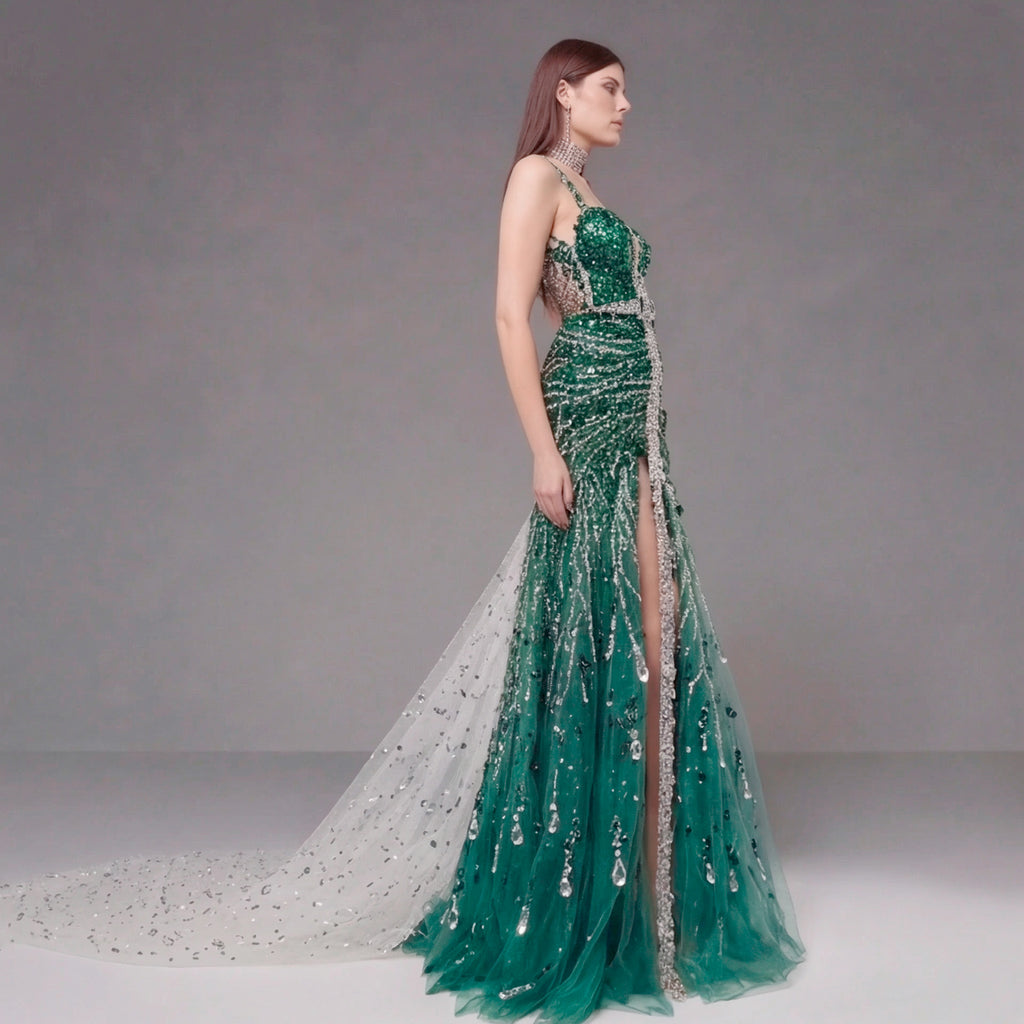 Emerald Green Crystal Embellished Deep V-Neck Mermaid Gown with Architectural Waist Detail and High Slit