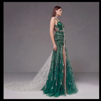 Emerald Green Crystal Embellished Deep V-Neck Mermaid Gown with Architectural Waist Detail and High Slit