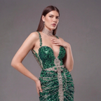 Emerald Green Crystal Embellished Deep V-Neck Mermaid Gown with Architectural Waist Detail and High Slit