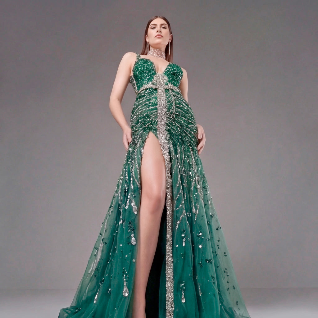 Emerald Green Crystal Embellished Deep V-Neck Mermaid Gown with Architectural Waist Detail and High Slit