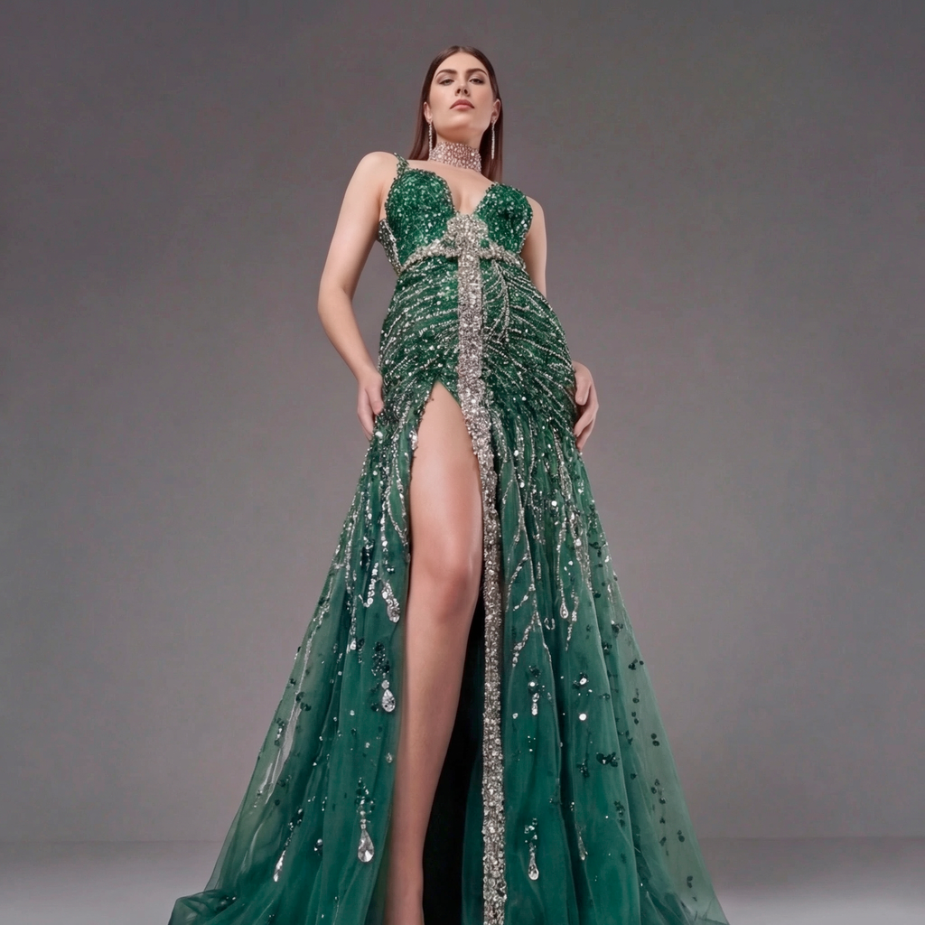 Emerald Green Crystal Embellished Deep V-Neck Mermaid Gown with Architectural Waist Detail and High Slit