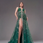 Emerald Green Crystal Embellished Deep V-Neck Mermaid Gown with Architectural Waist Detail and High Slit