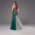 Emerald Green Crystal Embellished Deep V-Neck Mermaid Gown with Architectural Waist Detail and High Slit