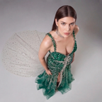 Emerald Green Crystal Embellished Deep V-Neck Mermaid Gown with Architectural Waist Detail and High Slit