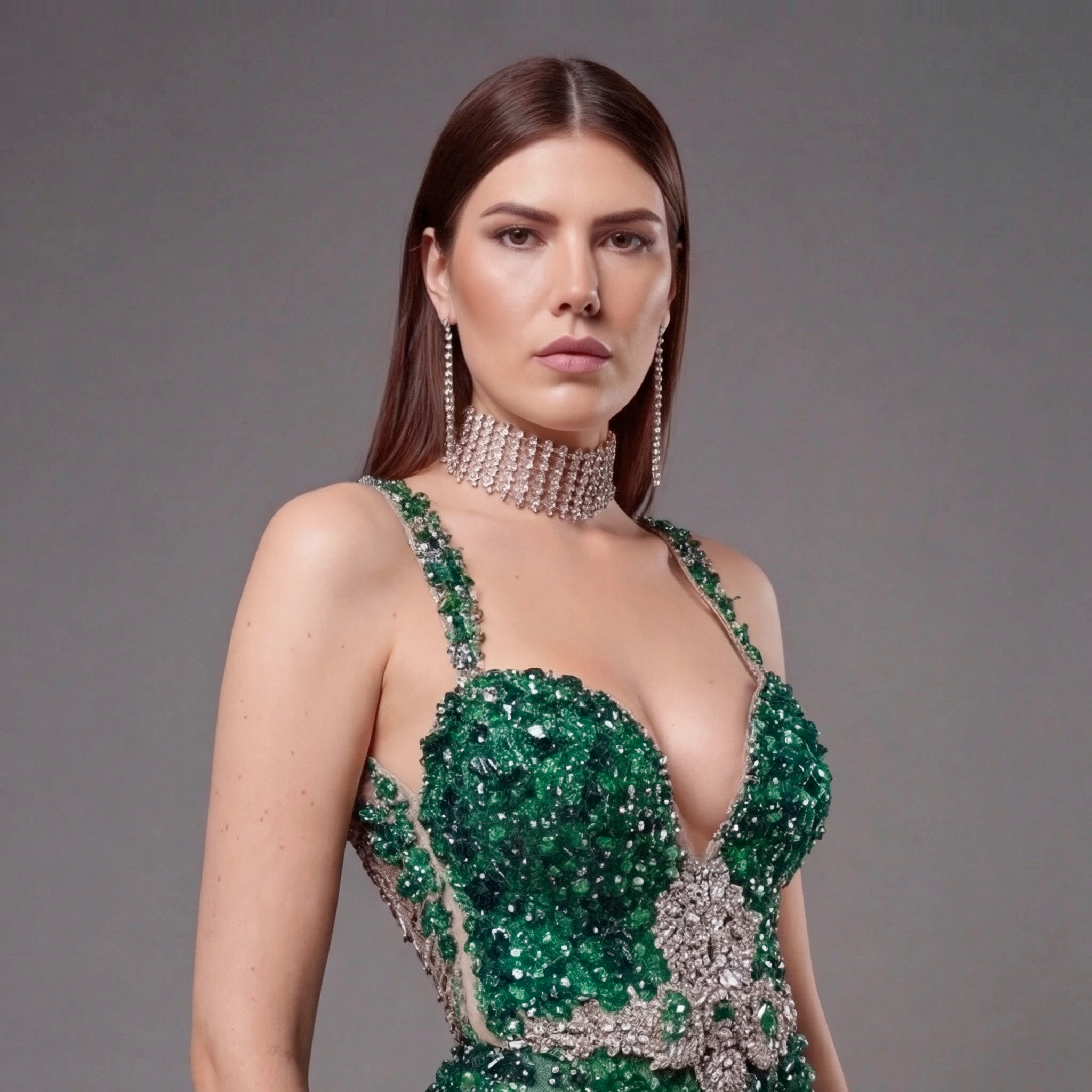 Emerald Green Crystal Embellished Deep V-Neck Mermaid Gown with Architectural Waist Detail and High Slit